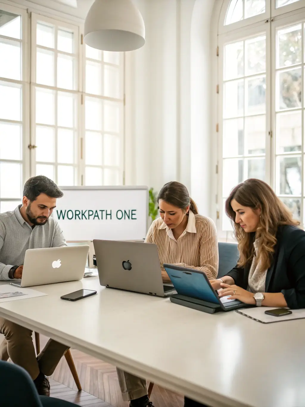 A professional workspace showing a team collaborating seamlessly using Workpath One on multiple devices, highlighting real-time data synchronization.